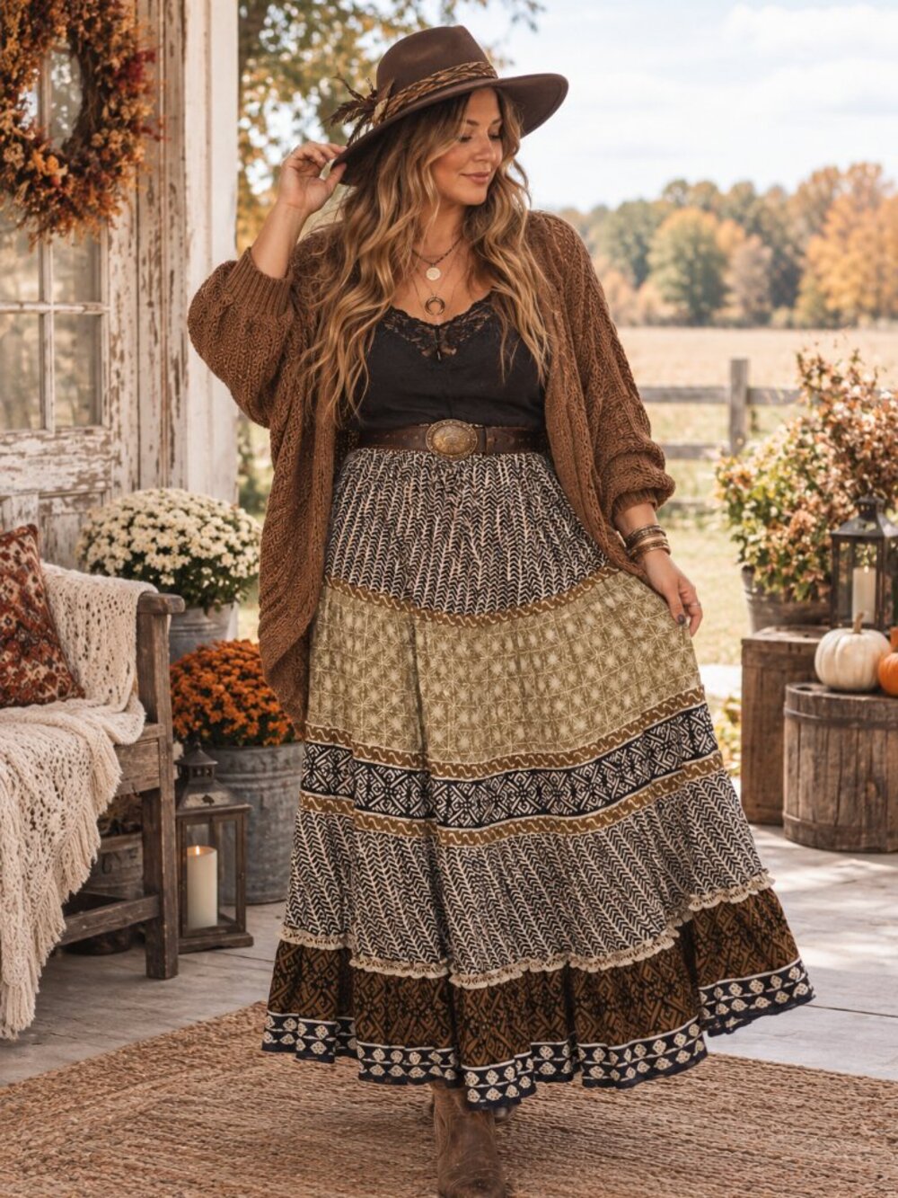 Boho Mixed Print Cotton Tiered Maxi Skirt